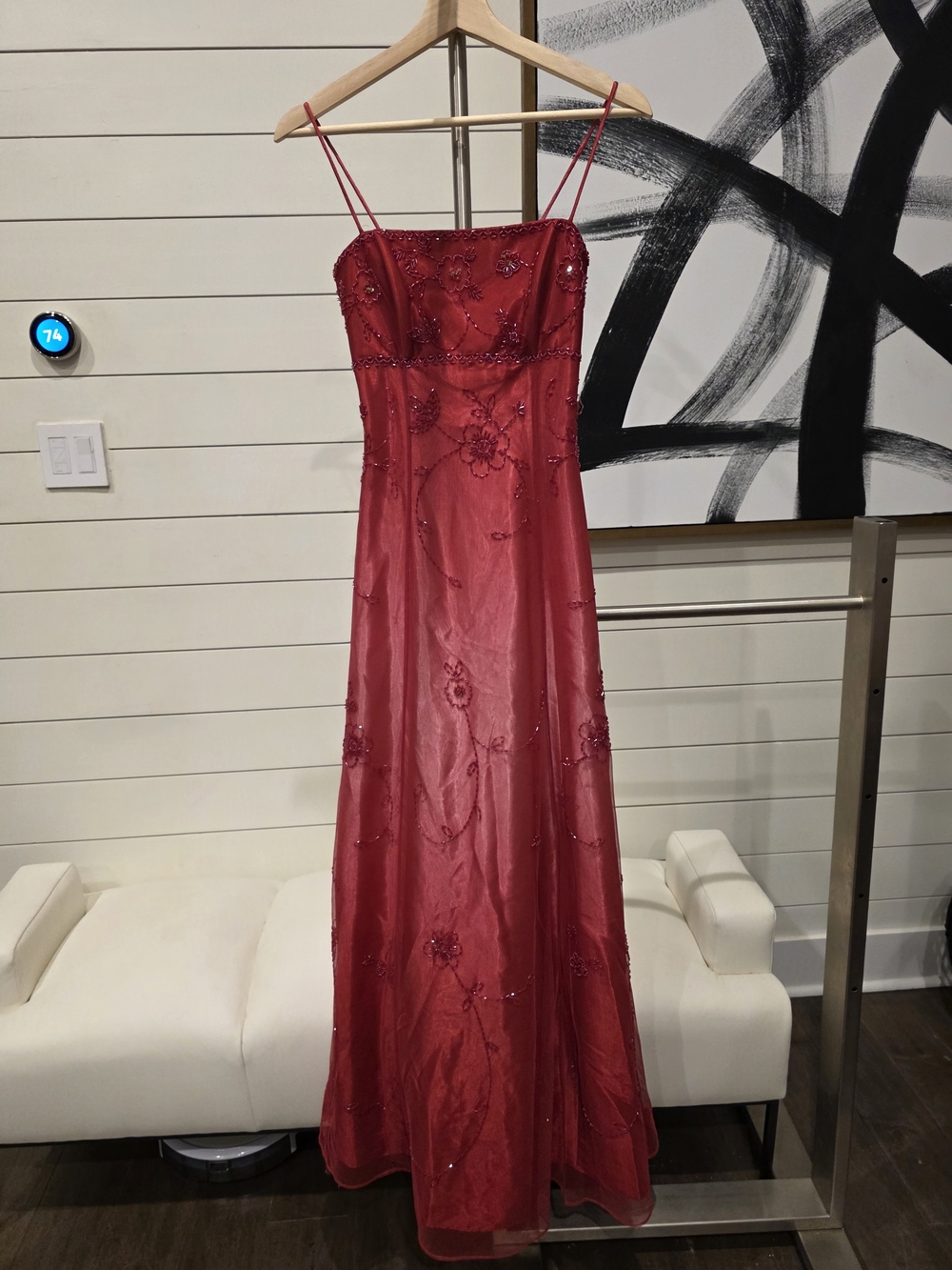 Red Beaded Spaghetti Strap Evening Gown